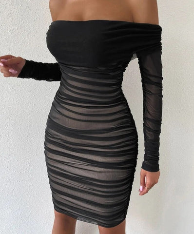 Shoulder Mesh Party Dress Women Clothing Sexy Club Backless Ruched Bodycon Dresses Long Sleeves Autumn Vestidos