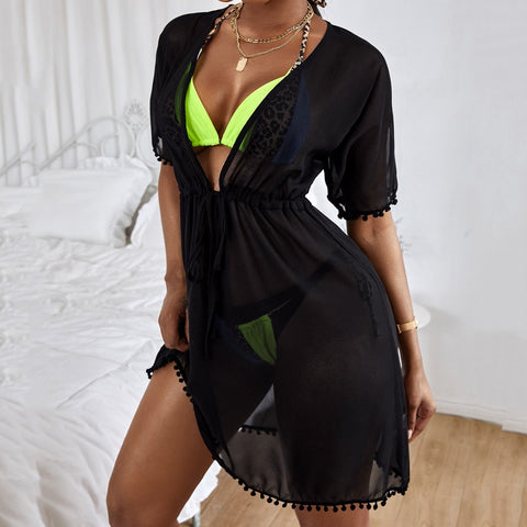 Pbong mid size graduation outfit romantic style teen swag clean girl ideas 90s latina aestheticSexy Bikini Beach Cover Ups Dress Women Sheer Mesh Cover Up Dress Beach Wrap Bikini Wraps Solid Pom Sheer Chiffon Cover Up Tops