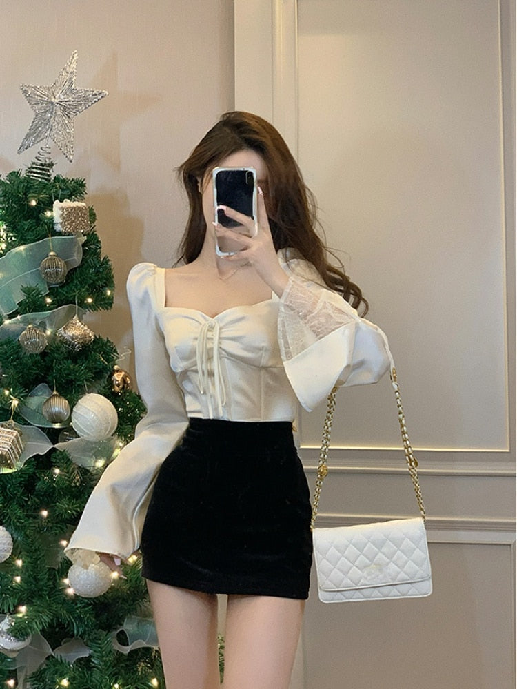 Spring Long Sleeve Elegant Satin Blouse Women Slim Square Neck Y2k Clothing Korean Fashion Casual Shirts Office Lady Tops