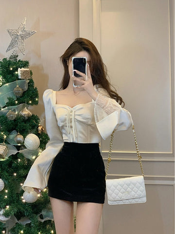 Spring Long Sleeve Elegant Satin Blouse Women Slim Square Neck Y2k Clothing Korean Fashion Casual Shirts Office Lady Tops