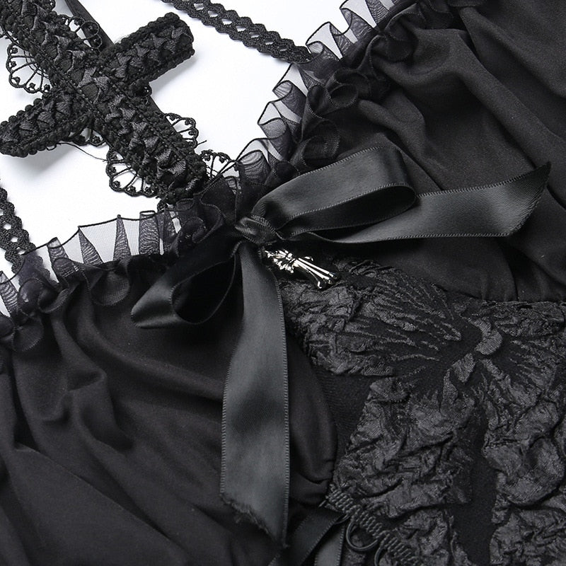 Goth Dark Gothic Emo Jacquard A-line Dresses Elegant Grunge Ruched Bandage Partywear Punk Black Women Halloween Club Dress