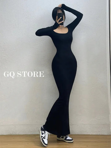 Sexy Square Collar Long Sleeve Fishtail Dress Tight Figure Wrap Hip Super Long Dresses Fashion Korean Tops