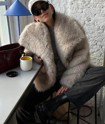 Women Fashion Cropped Faux Fur Jacket Coat Long Sleeve Front Snap-button Female Outerwear Chic Lapel Collar Thick Coat