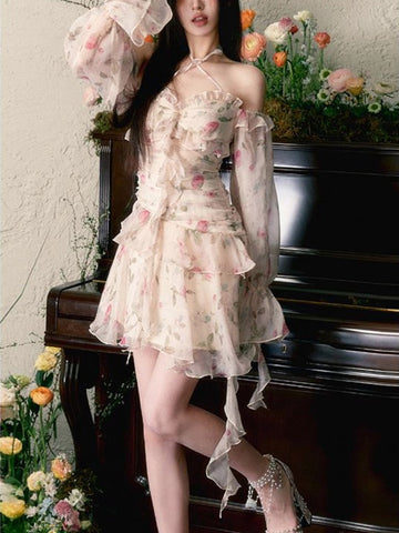 Sweet Elegant Floral Chiffon Dress Beach Style Summer Long Sleeve Y2k Mini Dress Women Casual One Piece Dress Korean Design