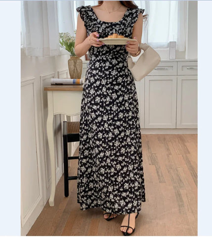 Chic Korean Clothes Design Autumn Women Sleeveless Japan Girls Cute Floral Printed Retro Vintage Date Black Long Maxi Dress