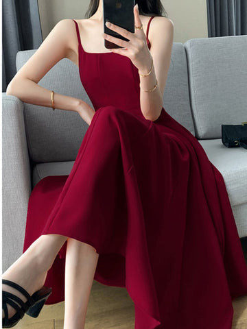 Fashion New Women Spaghetti Strap Elegant Long Red Dress Sexy Sleeveless Casual Party Prom Birthday Sundress Vintage Female Robe