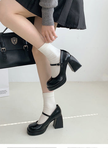 Woman Pumps Mary Jane High Heels Shoes Leather Casual Shoes Women Retro Style Square Heeled Shoes Ladies Elegant Lolita Shoes