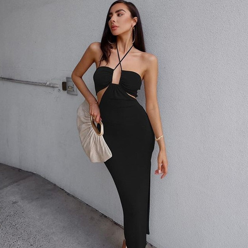 Fashion Bandage Sleeveless Midi Dress Women Autumn Sexy High Split Backless Party Club Dress Femme Elegant Robe