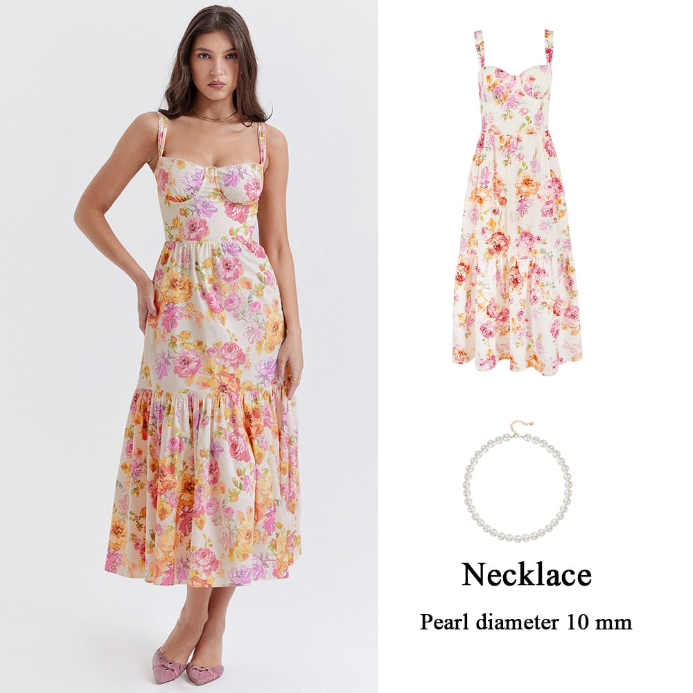 Blue Midi Floral Print Women's Summer Dress Elegant Long Casual Holiday Party Dress Streetwear New In Dresses