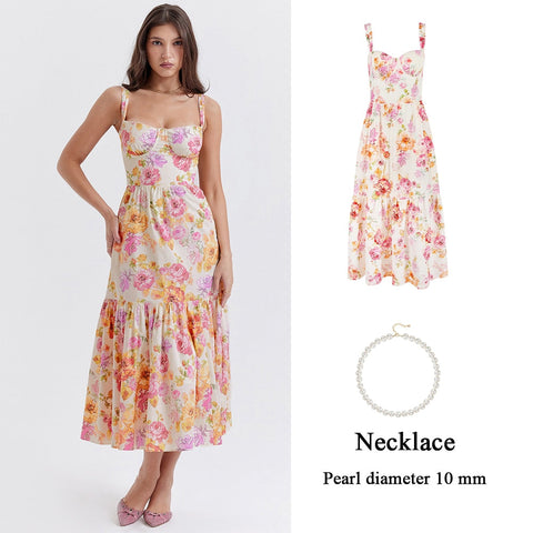 Blue Midi Floral Print Women's Summer Dress Elegant Long Casual Holiday Party Dress Streetwear New In Dresses