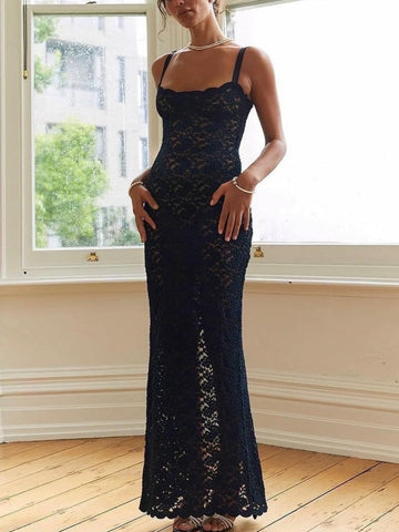 Elegant Lace See Through Maxi Dress Women Summer Sexy Spaghetti Straps Bodycon Wedding Party Dresses Black Split Long Dress