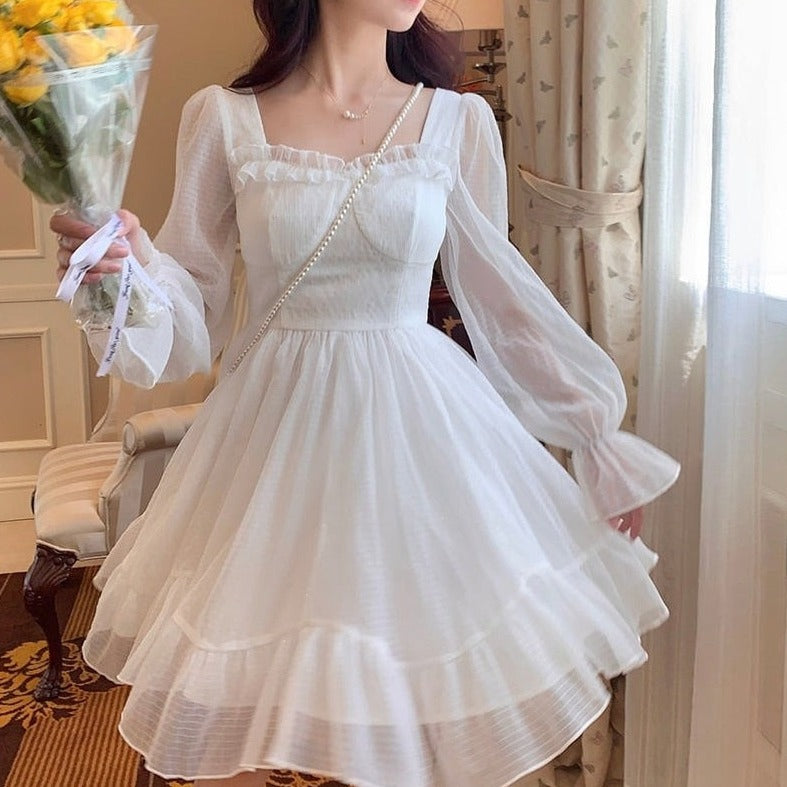 French Sweet Fairy Lolita Dress Women Long Sleeve Lace Y2k Mini Dress Vintage Kawaii Clothes One Piece Dress Korean Summer