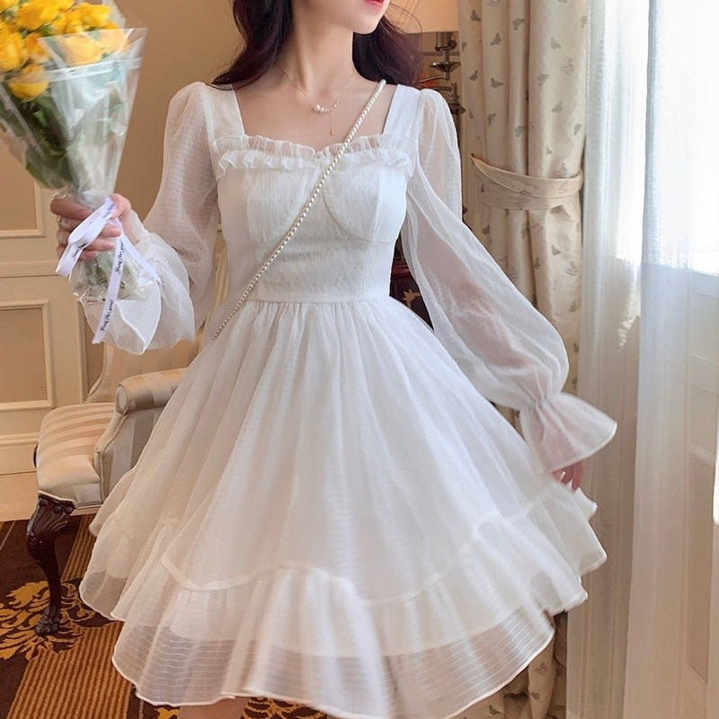 French Sweet Fairy Lolita Dress Women Long Sleeve Lace Y2k Mini Dress Vintage Kawaii Clothes One Piece Dress Korean Summer