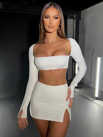 Sexy Dress Set Women White Square Collar Full Sleeve Crop Top And Mini Skirt Matching Sets Ladies Party Two Piece Set