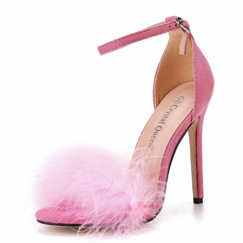 Crystal Queen Women Summer Sandals Fluffy Peep Toe Stilettos High Heels  Fur Feather Lady Wedding Shoes  Large Size 42