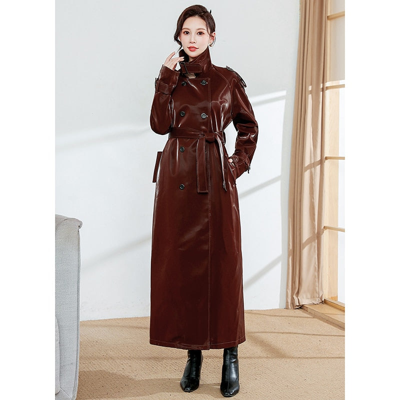 Spring Autumn Extra Long Oversized Cool Reflective Shiny Black Paten Leather Trench Coat for Women Belt Runway Fashion