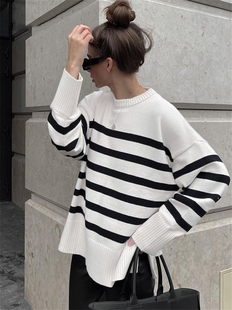 Women Stripe Knit Sweater Long Sleeve O Neck Knitted Pullover Tops Female Jumper Autumn Winter Streetwear White Casual Sweaters