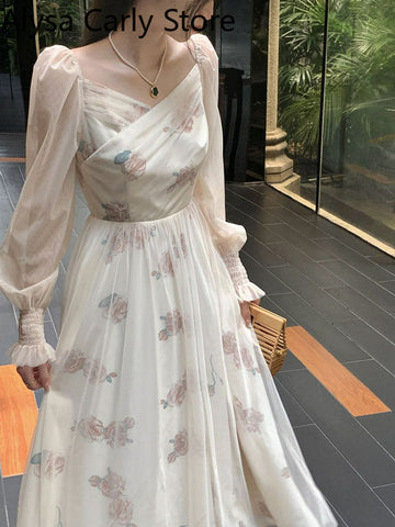 Mesh Vintage Long Sleeve Midi Dress Women Casual Korean V-neck Long Fairy Dresses Elegant Women's Dresses for Party Autumn