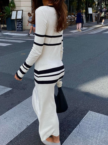 Pbong - Striped Long Dresses Women Elegant Chic Bodycon White Knitted Dress Female Autumn Winter Causal Long Sleeve Warm Sweater Dress