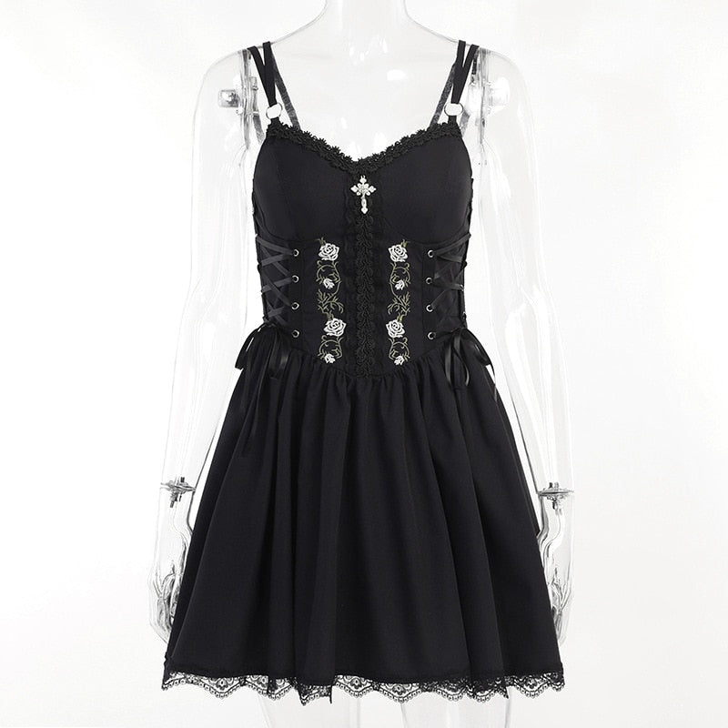 Goth Dark Lolita Gothic Aesthetic Bandage Corset Dresses Grunge Style Black Embroidery Emo Dress Women A-line Party Alt Clothes