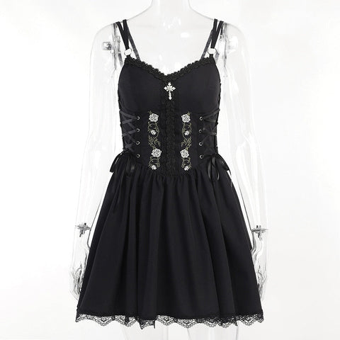 Goth Dark Lolita Gothic Aesthetic Bandage Corset Dresses Grunge Style Black Embroidery Emo Dress Women A-line Party Alt Clothes