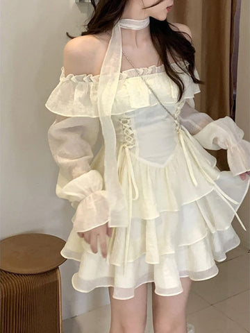 Summer Elegant Ruffles Fairy Dress Women Casual Sweet Lolita Party Dress Long Sleeve One Piece Dress Korean Female Fashion