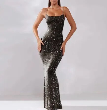 Elegant Sequins Strapless Mermaid Maxi Dress Women Sexy Off Shoulder Backless Wrap Waist Long Vestido Fashion Evening Party Robe