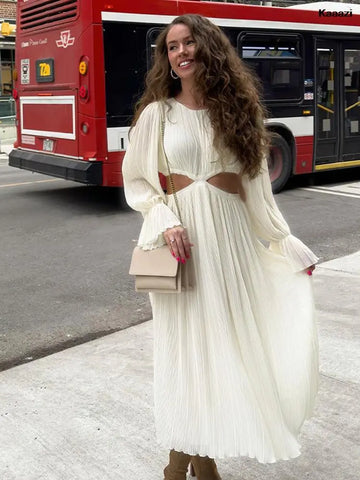 New White Vestidos Loose Dress For Women Elegant Fairycore Maxi Dresses Summer Female Streetwear Folds Long Sleeve Chic Casual