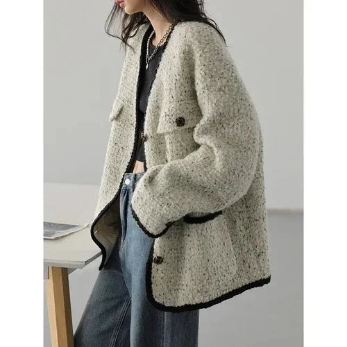 Fashion Women's Wool Coat Single Breasted Vintage Jacket V-Neck Office Lady Overcoat Female Tops Spring Autumn