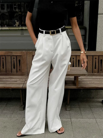 Fashion High Waist Pocket Women's Pants Y2k Outfit White Patchwork Casual Wide Leg Trousers Autumn Loose Slim Female Pants