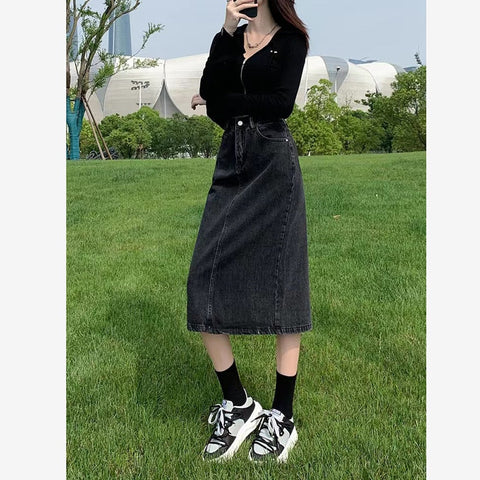 Vintage High Waist Women Denim Midi Skirt Summer Korean Thin Section Slit A Line Skirts Fashion Casual All Match Denim Skirts