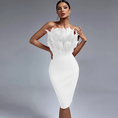 Red Bandage Dress Women Feather Party Dress Bodycon Elegant Midi Sexy Strapless Evening Birthday Club Outfits Summer