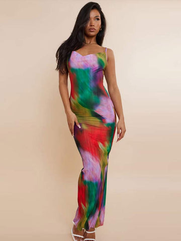 Printed V-neck High Waist Women's Dress Sexy Bodycon Sleeveless Strap Long Dresses Lady Summer Holiday Party Fashion Vestidos