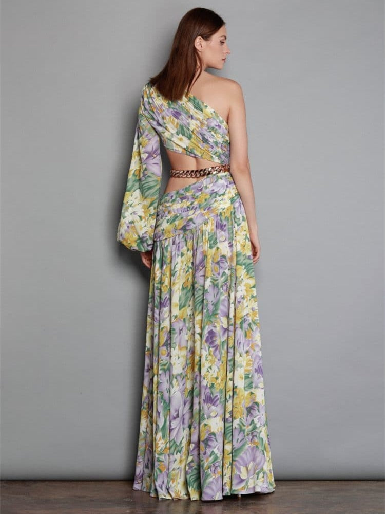 Sexy Slanted One Shoulder Slim Chain Floral Maxi Dress Summer Elegant Floral Irregular Cut Out Long Sleeve Dress Party Evening