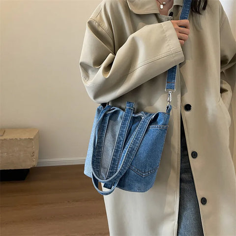 Washed Denim Fabric Shoulder Bucket Bags For Women Designer Handbags Colorblock Patchwork Crossbody Bag Large Capacity Tote