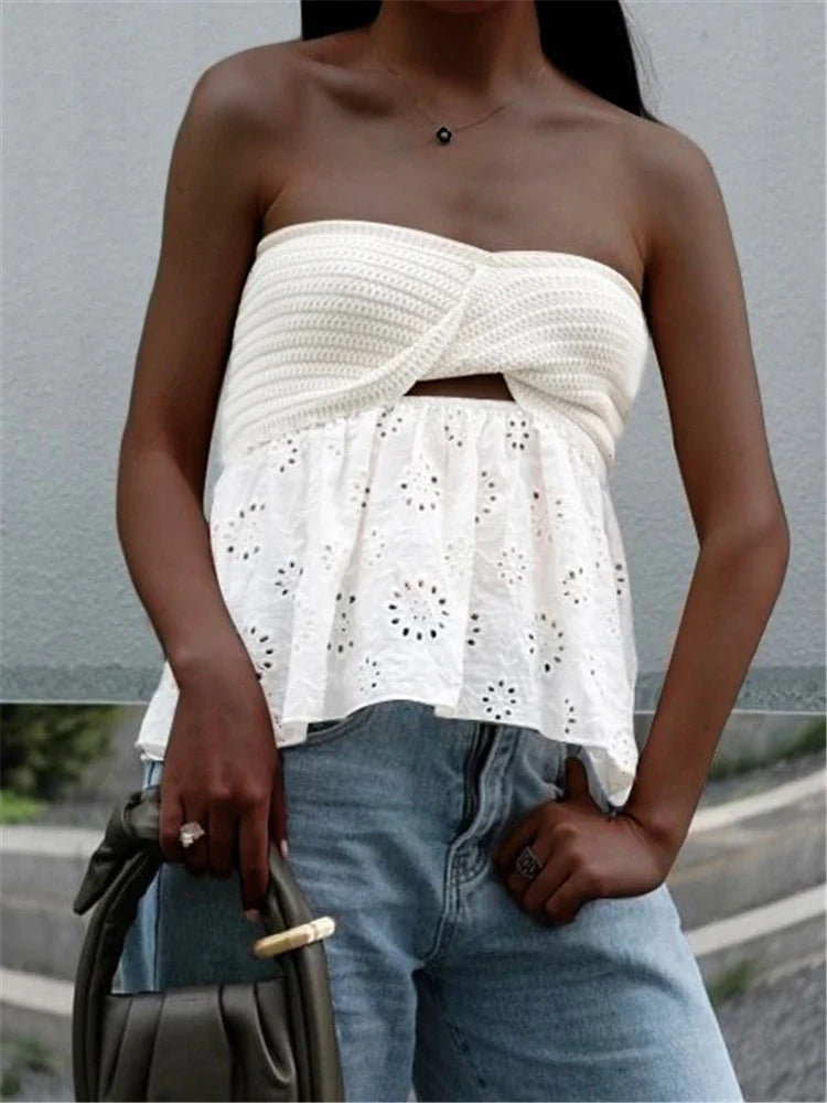 White Tube Top Knit Twist Crop Top Women Elegant Lace Mesh Strapless Corset Top Korean Sexy Streetwear Cute Chiffon Blouse