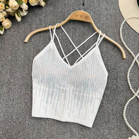 Chic Glitter Sequin Camis Sexy Backless Fashion Tank Top Slim Corset Bustier Bra Basic Straps Summer Women Party Crop Top Ins