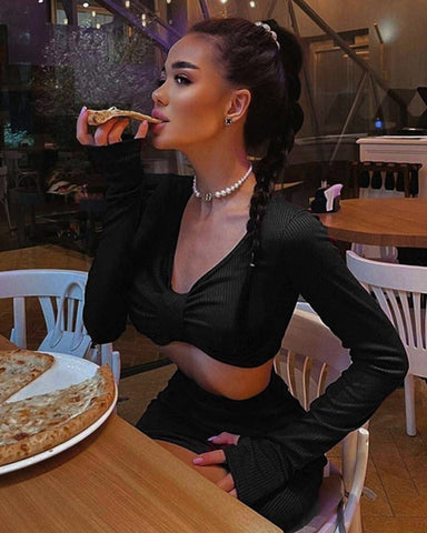 Elegant Solid Black 2 Pieces Set Women Outfit Long Sleeves Crop Top+High Waist Side Slit Skirts Matching Lady Streetwear