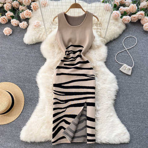 Sexy Stripe Knit sleeveless split Dress Chic Sexy Vintage korean Fashion Beach Vacation Dress Women Casual Slim Pencil Vestidos