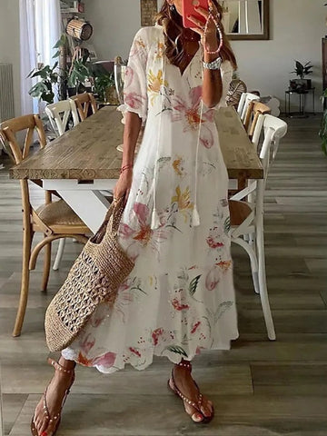 Sexy Women V Neck Party Dresses Vintage Printed Boho Long Dresses Elegant Flying Sleeve Fashion Sexy Slim Maxi Dress Mujer