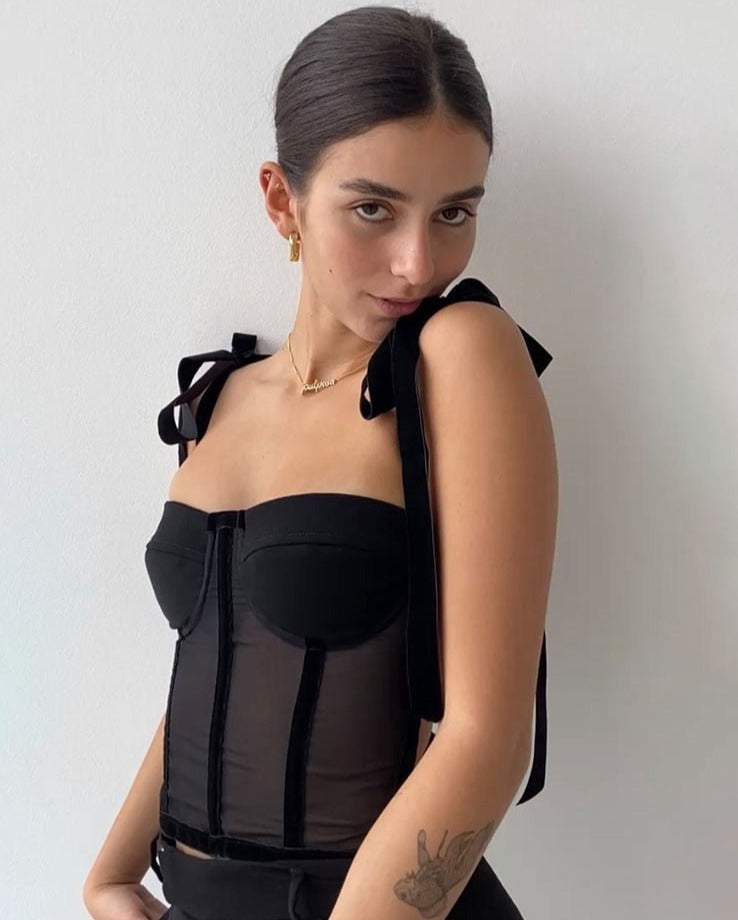 Women's Mesh Sexy Black Top Vest Sleeveless Patchwork Camisole Lace-up Suspender Strap Streetwear Clothing New Fashion