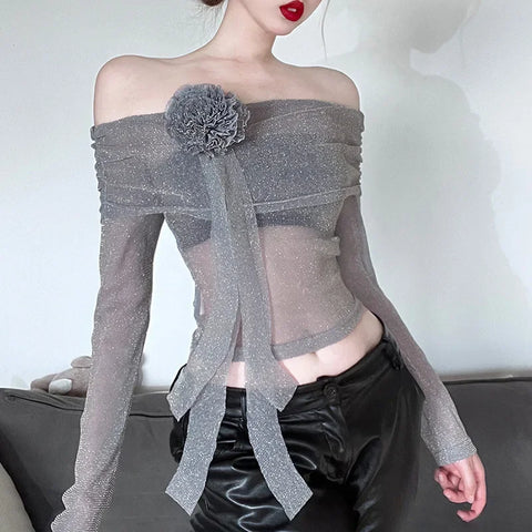 Flower Splice Mesh Shirts For Women Sexy See Through Slim Long Sleeve Crop Top Femme Club Party Fashion Shiny Shirt Lady
