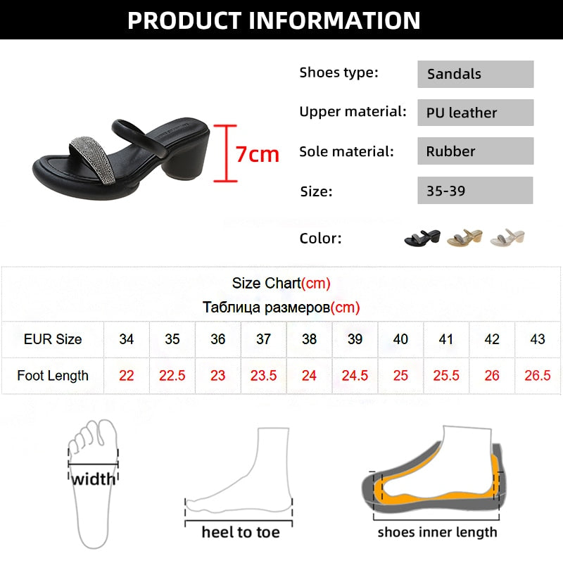 Fashion Crystal Women Sandals Summer  Round Heels Gladiator Sandals Woman Beige PU Leather High Heeled Slippers