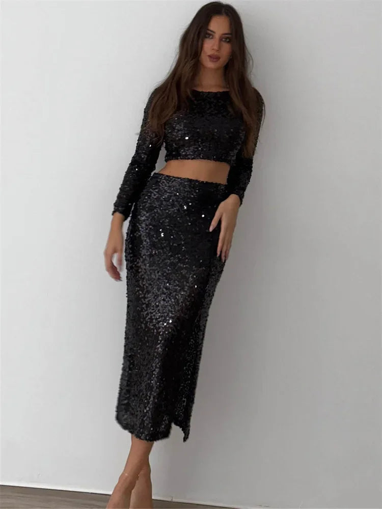 Night Club 2 Piece-Set Maxi Skirt Female Sequin Cropped Top And High Waist Split Long Skirt Sets Glitter Fashion Outfits