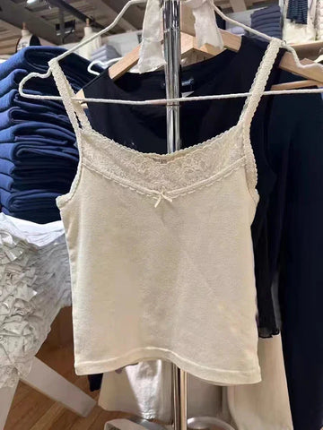Vintage Women Lace Trim Bow Tank Tops Summer Ladies Casual Cute Black Cotton Camis Female Sweet Y2k Slim Crop Top