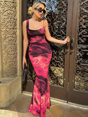 Sexy Vintage Print Female Sling Long Dress Square Collar Sleeveless Backless Dresses Summer Ladies Beach Vocation Vestidos