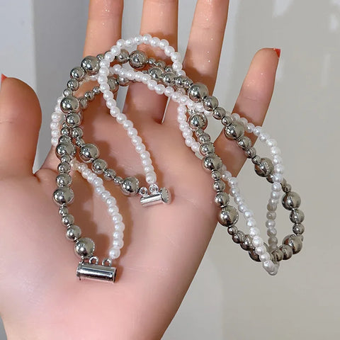 New Imitation Pearl Wrapped Necklace for Women Double Layer Magnetic Buckle Neck Chain Choker Necklace Jewelry Gift