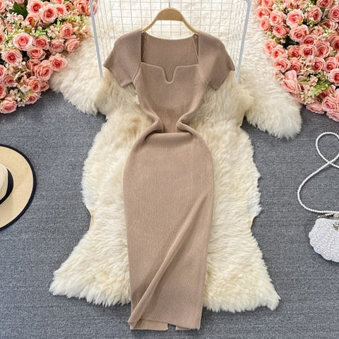 Sexy Chic Elastic Knit Bodycone Pencil Dress Solid Tight Midi Wrap Vestidos Korean Fashion Party Basic Slim Summer Women Robe