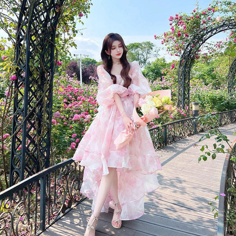 Vintage Floral Sweet Midi Dress Women Irregular Elegant Puff Sleeve Fairy Dress Female Autumn Casual Beach Party Dress Chic