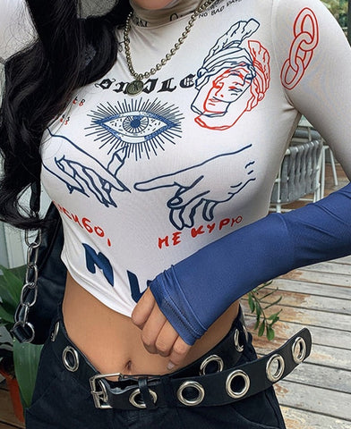 autumn fashion high street casual Tight stretch Slim crop tops women Funny print full sleeve stretch Slim tee shirt mujer